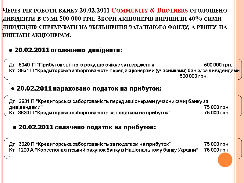 Через рік роботи банку 20.02.2011 Community & Brothers оголошено дивіденти в сумі 500 000